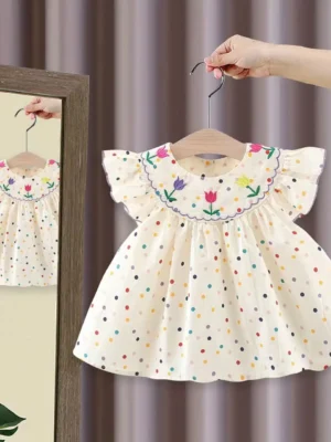 2024 New Cute Girl'S Dress Sweet Rose Embroidered Small Round Dots Korean Version Loose Bubble Sleeve Cotton Beach Skirt