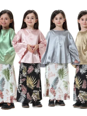 Muslim Girls Solid Shirt + Printed Skirt Sets Batwing Top Round Collar Abaya and Tube Skirt Suit Kids Children Modest Robe Sets