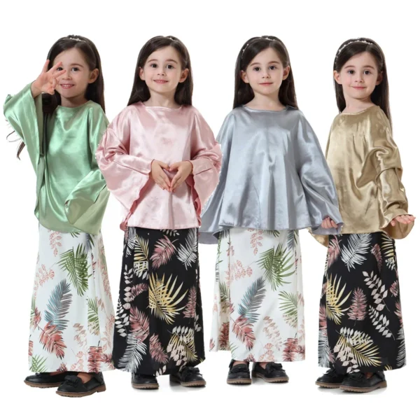 Muslim Girls Solid Shirt + Printed Skirt Sets Batwing Top Round Collar Abaya and Tube Skirt Suit Kids Children Modest Robe Sets