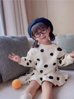 Spring Autumn Collection Girls Hooded Casual Dresses Stylish Floral Polka Dot Bubble Skirt Kids Comfort Leisure Wear at Its Best