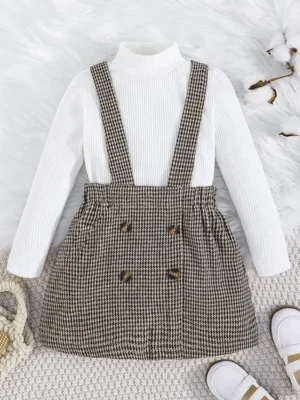 Stylish Simplicity: Textured Turtleneck and Houndstooth Suspender Skirt Set for Fashionable Girls (4-7 years)