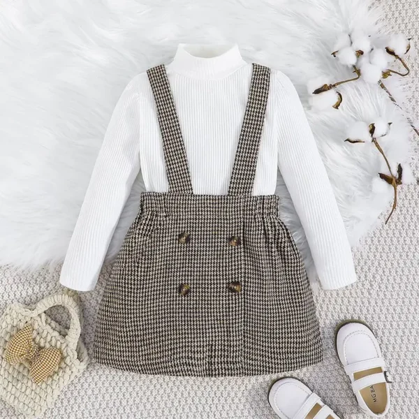 Stylish Simplicity: Textured Turtleneck and Houndstooth Suspender Skirt Set for Fashionable Girls (4-7 years)