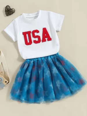 Kids Girls Summer Outfit Short Sleeve Crew Neck Embroidery Letters T-shirt with Stars Print Tulle Skirt 4th of July Clothing