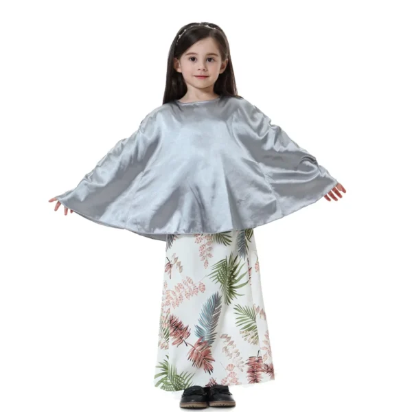 Muslim Girls Solid Shirt + Printed Skirt Sets Batwing Top Round Collar Abaya and Tube Skirt Suit Kids Children Modest Robe Sets