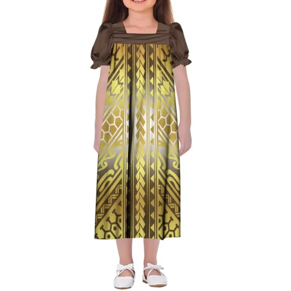 Custom Gold Square Neck Dress Mumu Girls Full Skirt Polynesian Art Print Micronesian Mini Dress For Children 2-16t