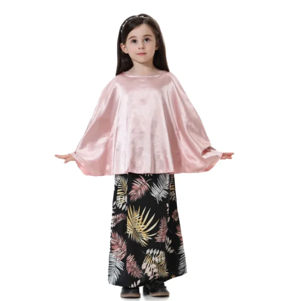 Muslim Girls Solid Shirt + Printed Skirt Sets Batwing Top Round Collar Abaya and Tube Skirt Suit Kids Children Modest Robe Sets