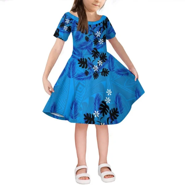 Hawaii Island Girls Dress Polynesian Traditional Pattern Printed Floral Design New Knee-Length Skirt Children Short Sleeves