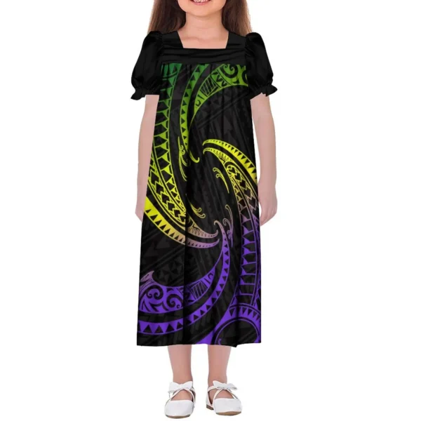 Custom Gold Square Neck Dress Mumu Girls Full Skirt Polynesian Art Print Micronesian Mini Dress For Children 2-16t