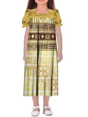 Custom Gold Square Neck Dress Mumu Girls Full Skirt Polynesian Art Print Micronesian Mini Dress For Children 2-16t