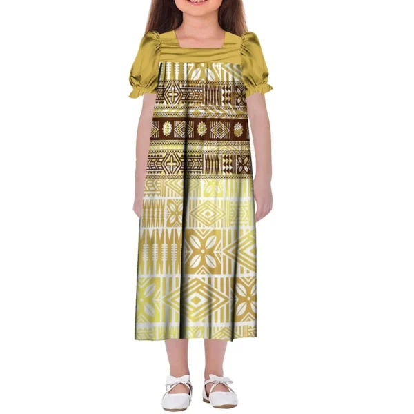 Custom Gold Square Neck Dress Mumu Girls Full Skirt Polynesian Art Print Micronesian Mini Dress For Children 2-16t