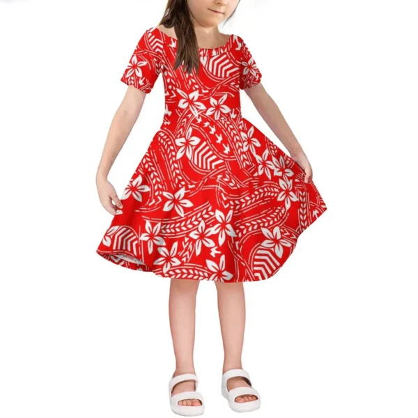 Hawaii Island Girls Dress Polynesian Traditional Pattern Printed Floral Design New Knee-Length Skirt Children Short Sleeves