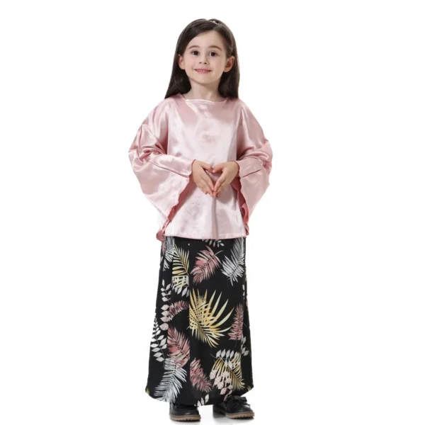 Muslim Girls Solid Shirt + Printed Skirt Sets Batwing Top Round Collar Abaya and Tube Skirt Suit Kids Children Modest Robe Sets