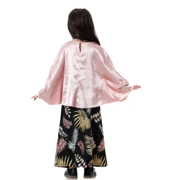 Muslim Girls Solid Shirt + Printed Skirt Sets Batwing Top Round Collar Abaya and Tube Skirt Suit Kids Children Modest Robe Sets