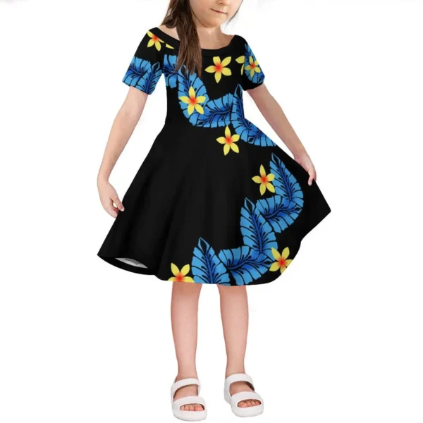 Hawaii Island Girls Dress Polynesian Traditional Pattern Printed Floral Design New Knee-Length Skirt Children Short Sleeves